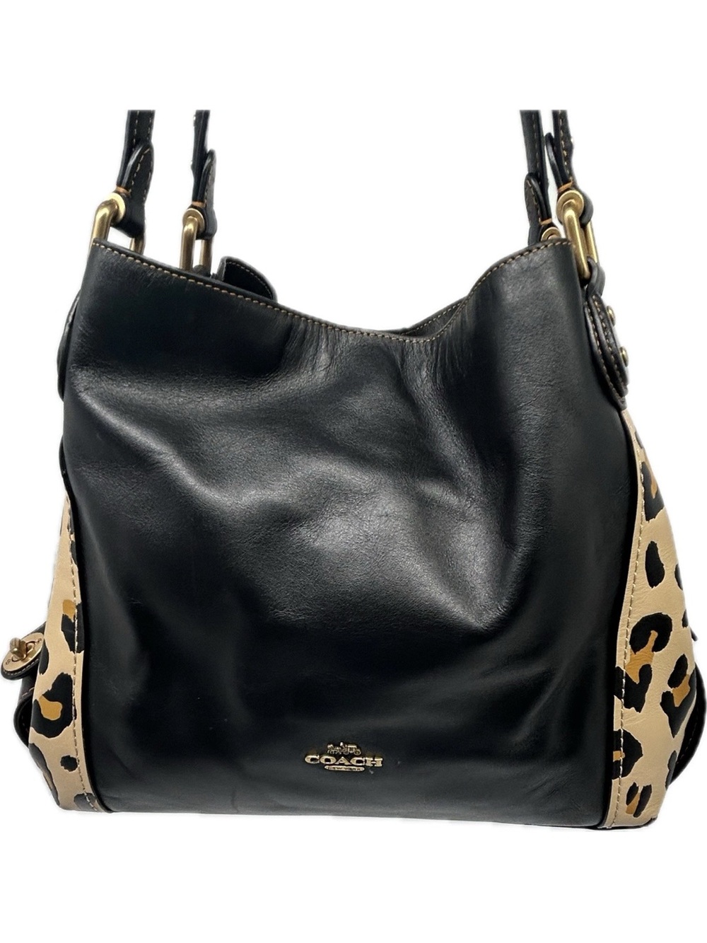 Coach Black Leather Shoulder Bag with Leopard Side Panels